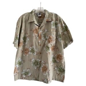KENNINGTON Men's Tan Floral Button Up Hawaiian Tropical Shirt-LARGE